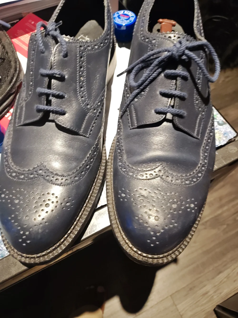 Men's Navy Leather Wingtip Derby Shoes - Classic Brogue Finish